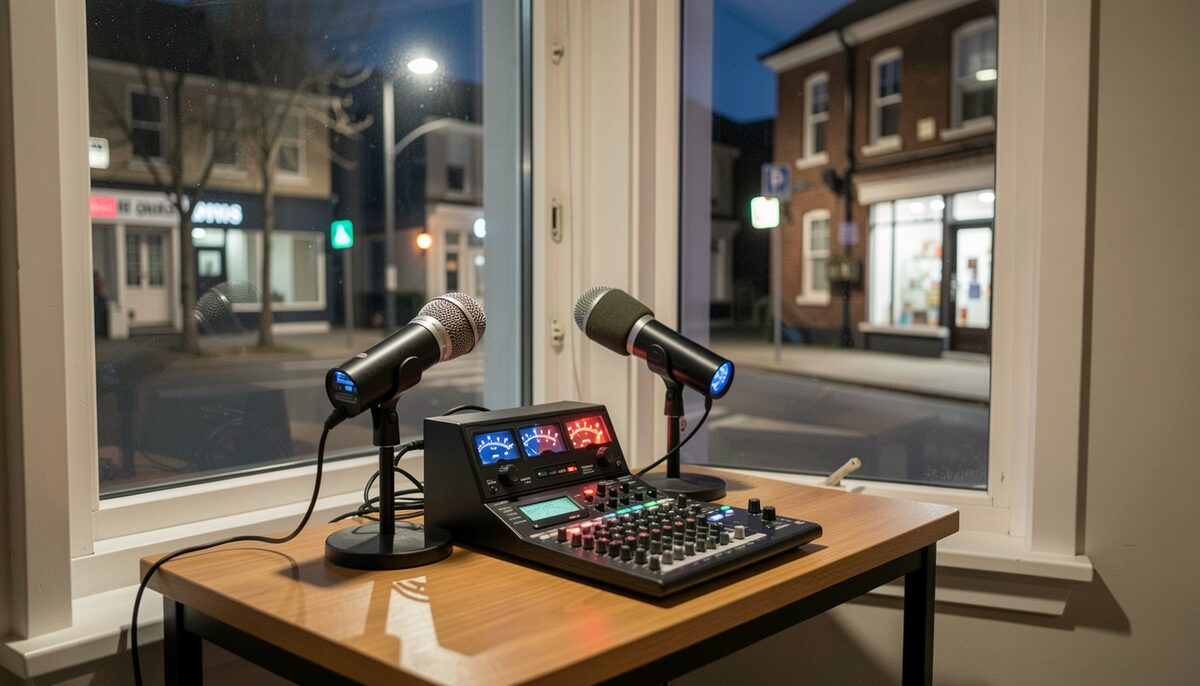 A small radio broadcast desk with microphones and glowing dials beside a window overlooking a quiet night street.