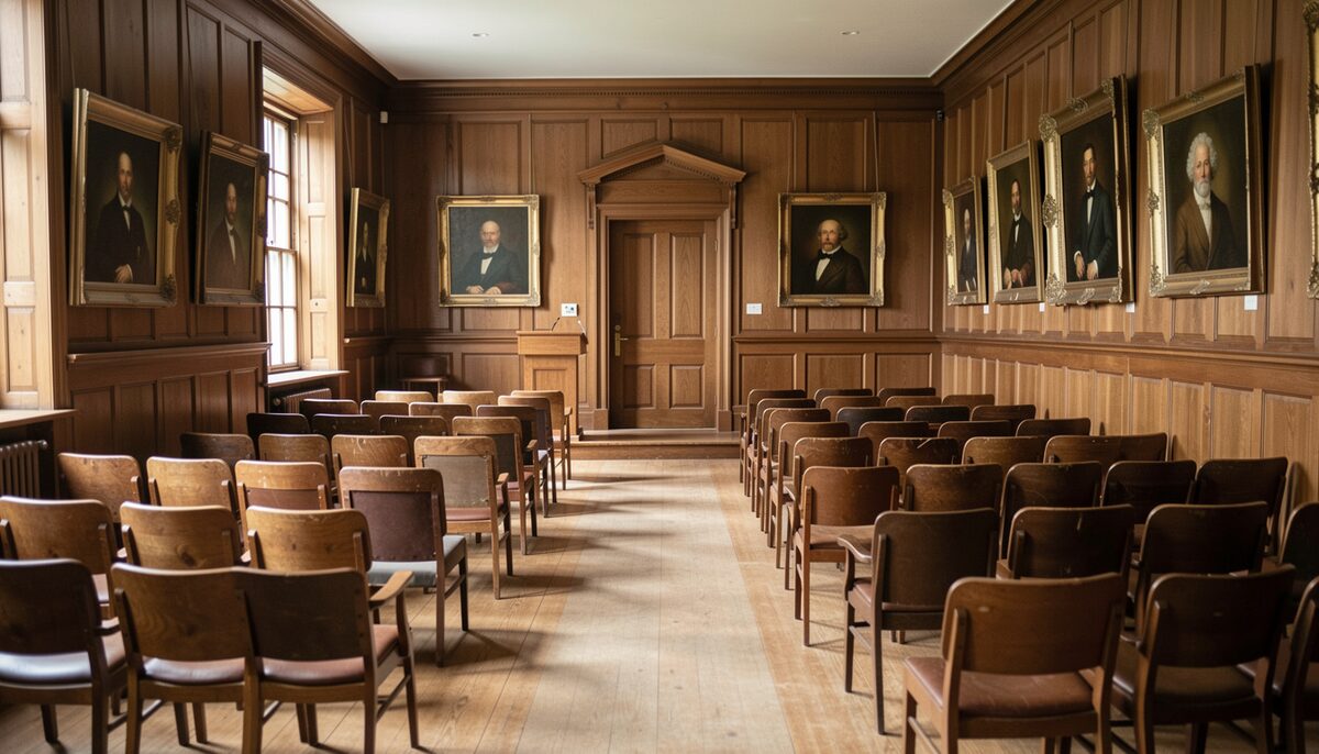 A heritage hall set with rows of chairs, a speaker's podium and historic portraits on wood-paneled walls.
