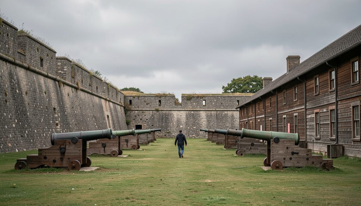 Old fort walls and wooden barracks under a grey sky with a lone visitor walking on grass between historic cannons.