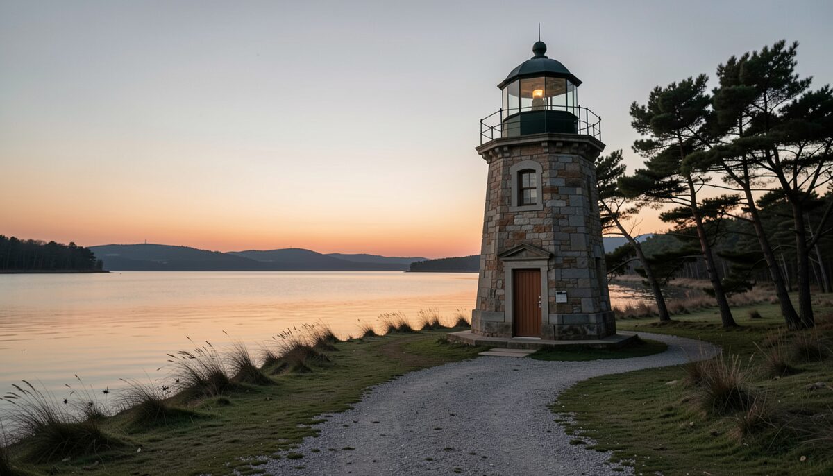 A stone lighthouse at dusk beside calm lake water with windswept trees and a gravel path leading to its door.