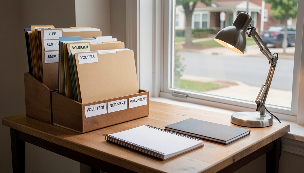 A volunteer desk with labeled file folders, a notebook and a desk lamp beside a window overlooking a quiet street.