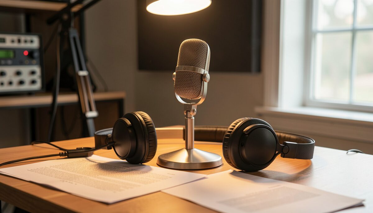 A vintage radio studio microphone on a desk with headphones and papers glowing softly under warm studio lights.