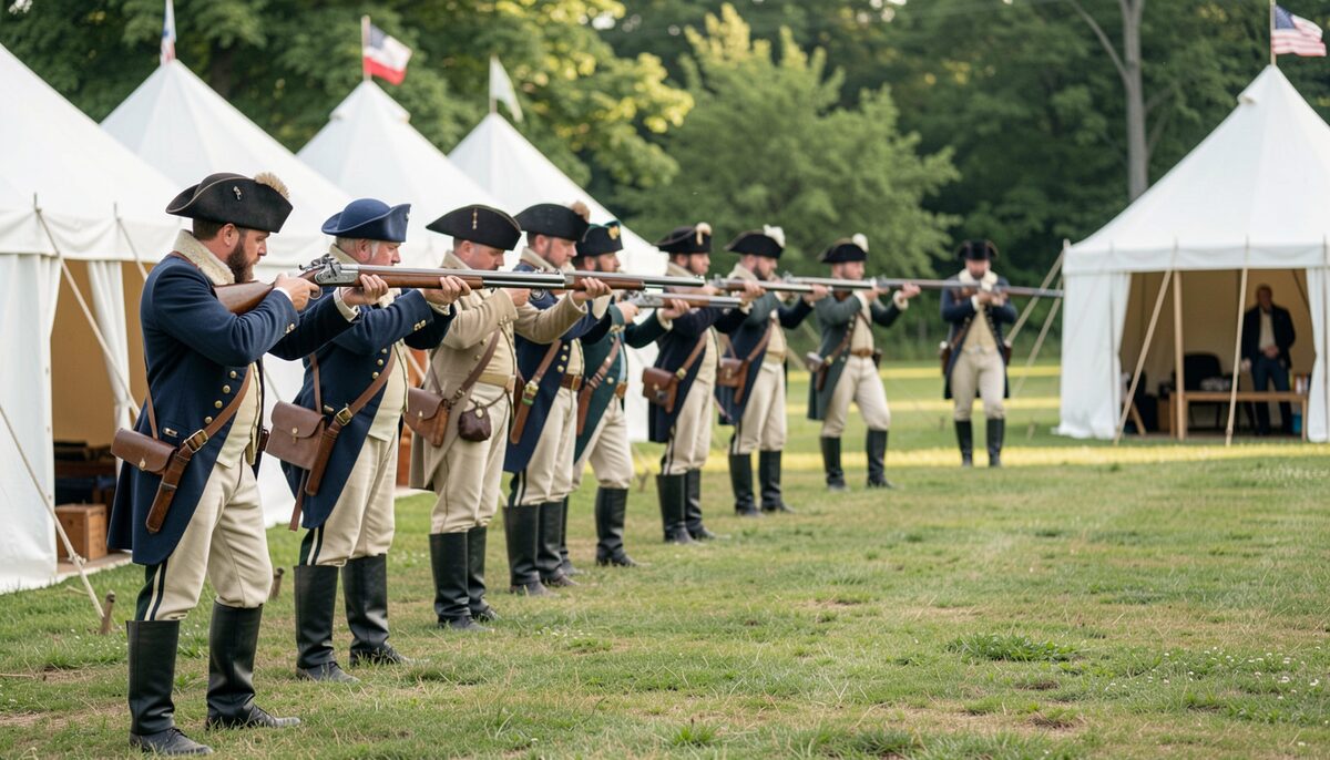 Re-enactors in early 19th century uniforms drilling with muskets on a grassy field beside white tents.