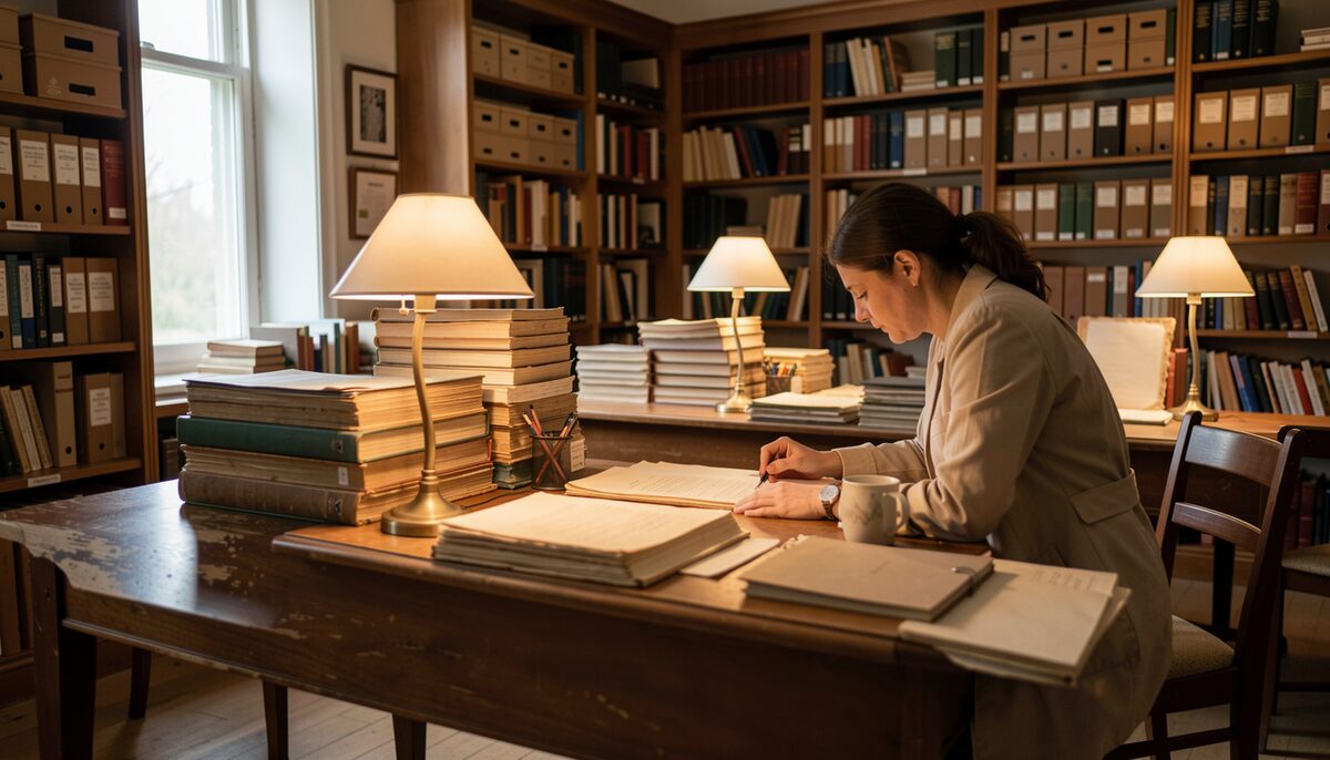 A quiet archive reading room with wooden tables, stacked document boxes and a researcher examining old papers under warm lamps.