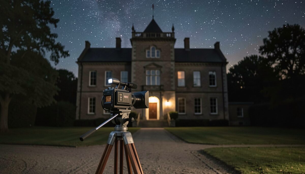 An older video camera on a tripod at night facing a dark historic building under a starry sky.