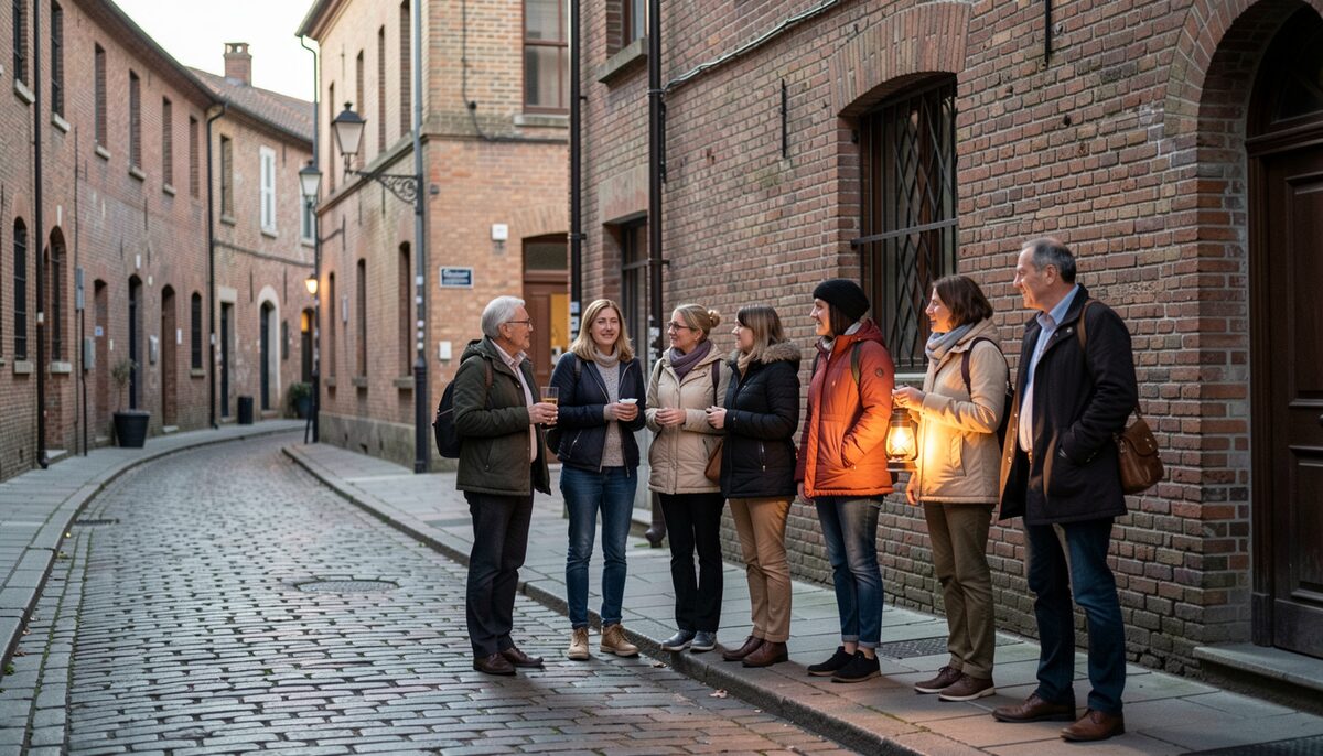 A small evening tour group with a guide holding a lantern on a cobblestone street beside old brick buildings.