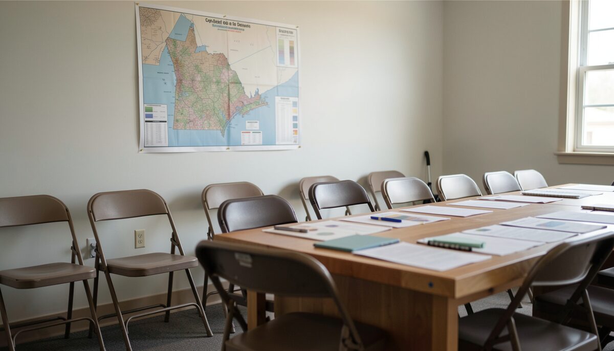 A community meeting room with folding chairs, a wall map of Ontario and papers spread on a long table.